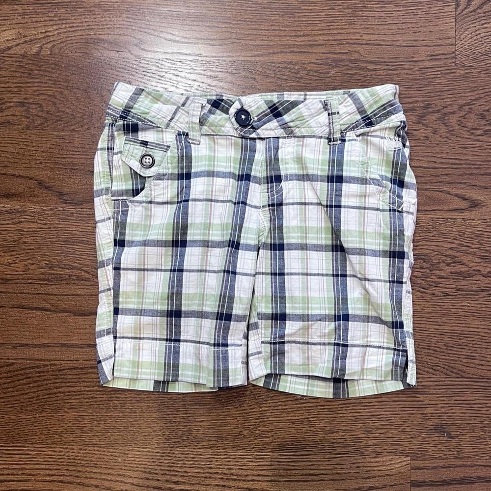 🍟y2k KIDS girls white &‎ blue plaid shorts size 8